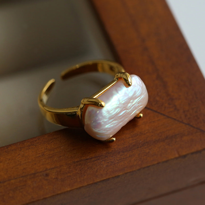 Modern Rectangle Baroque Pearl Stacking Rings