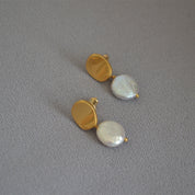 Gold Button Pearl Earrings