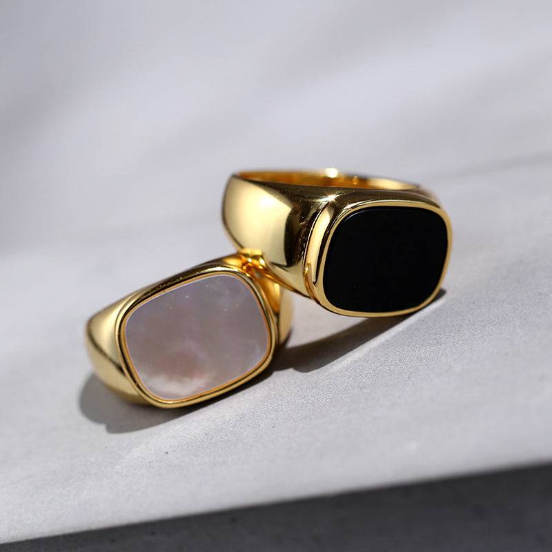 Square White Mother of Pearls Shell Black Onyx Ring