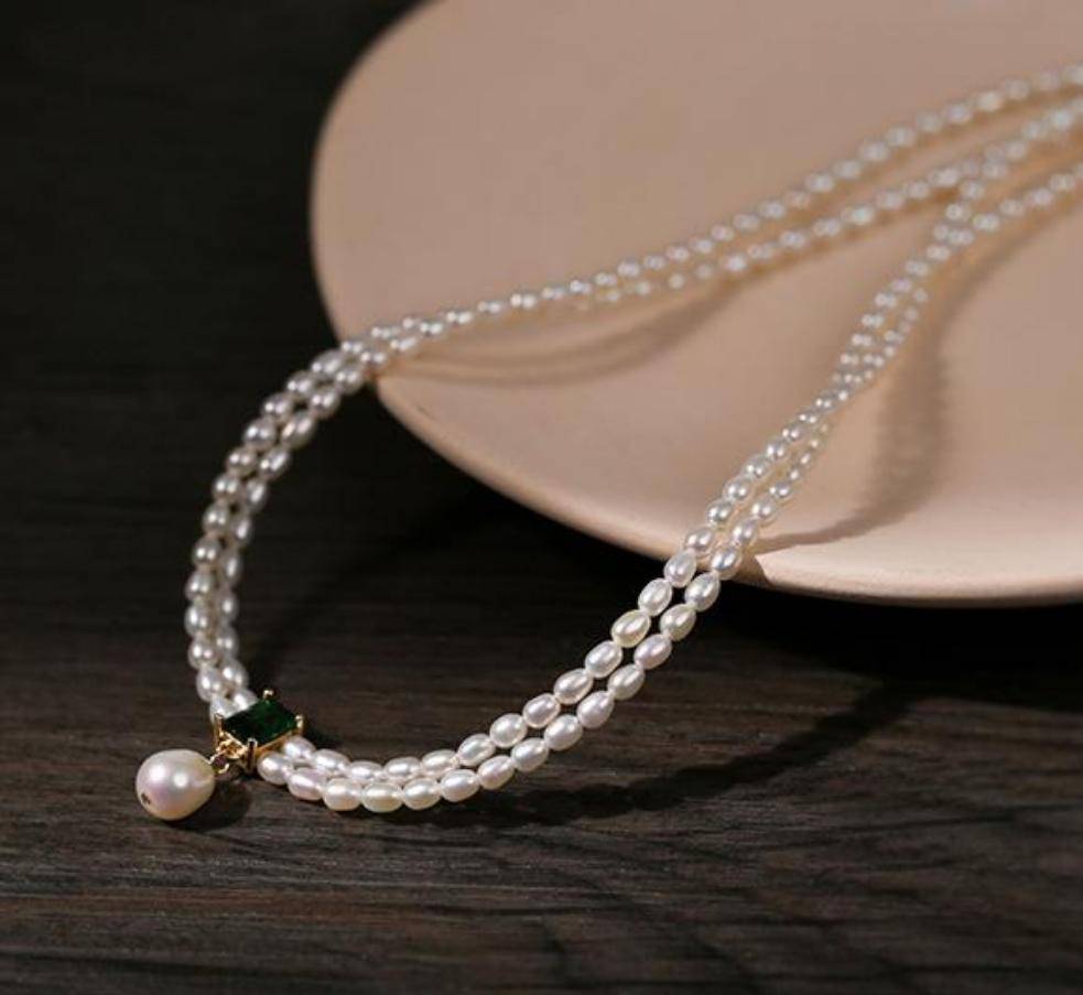 Super-Slim Freshwater Pearl Double Strand Emerald Layer Necklace