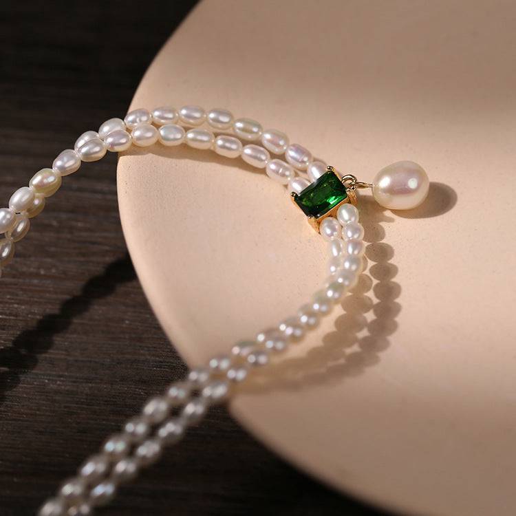 Super-Slim Freshwater Pearl Double Strand Emerald Layer Necklace