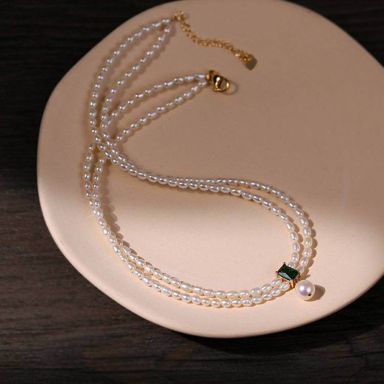 Super-Slim Freshwater Pearl Double Strand Emerald Layer Necklace