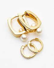 Pearl Square & Pave Small Hoop Earring Set | 18k Gold Vermeil Cubic Zirconica Pearl