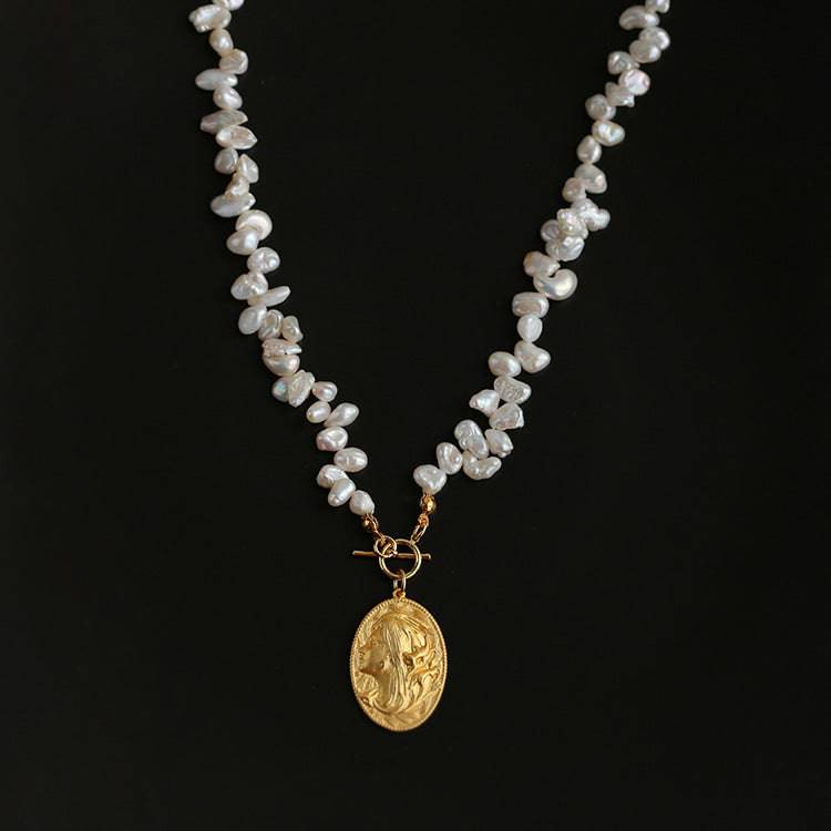 Oval Goddess Gold Coin Pearl Necklace and Earrings (Purchase Individually)