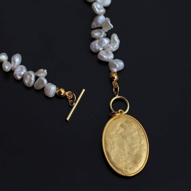 Oval Goddess Gold Coin Pearl Necklace and Earrings (Purchase Individually)