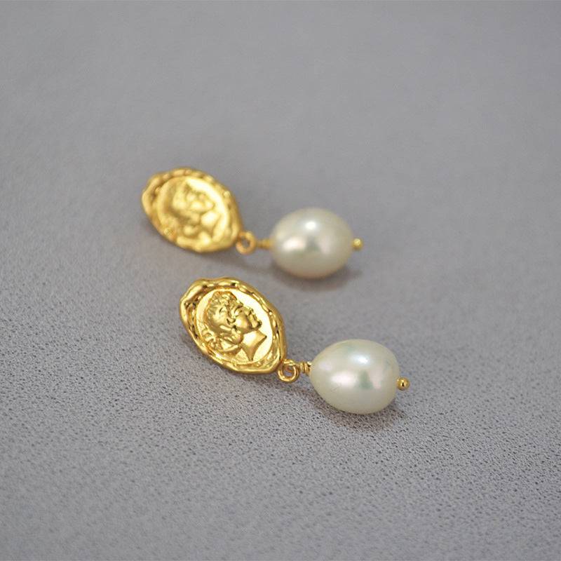 Face Coin Gold Freshwater Pearl Earrings