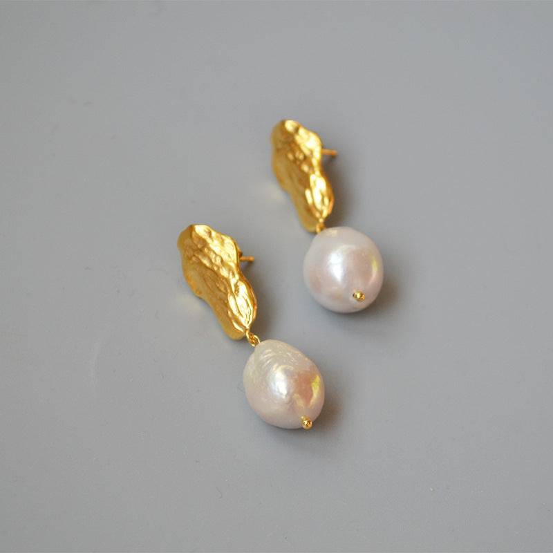 Long Drop Gold Baroque Pearl Earrings