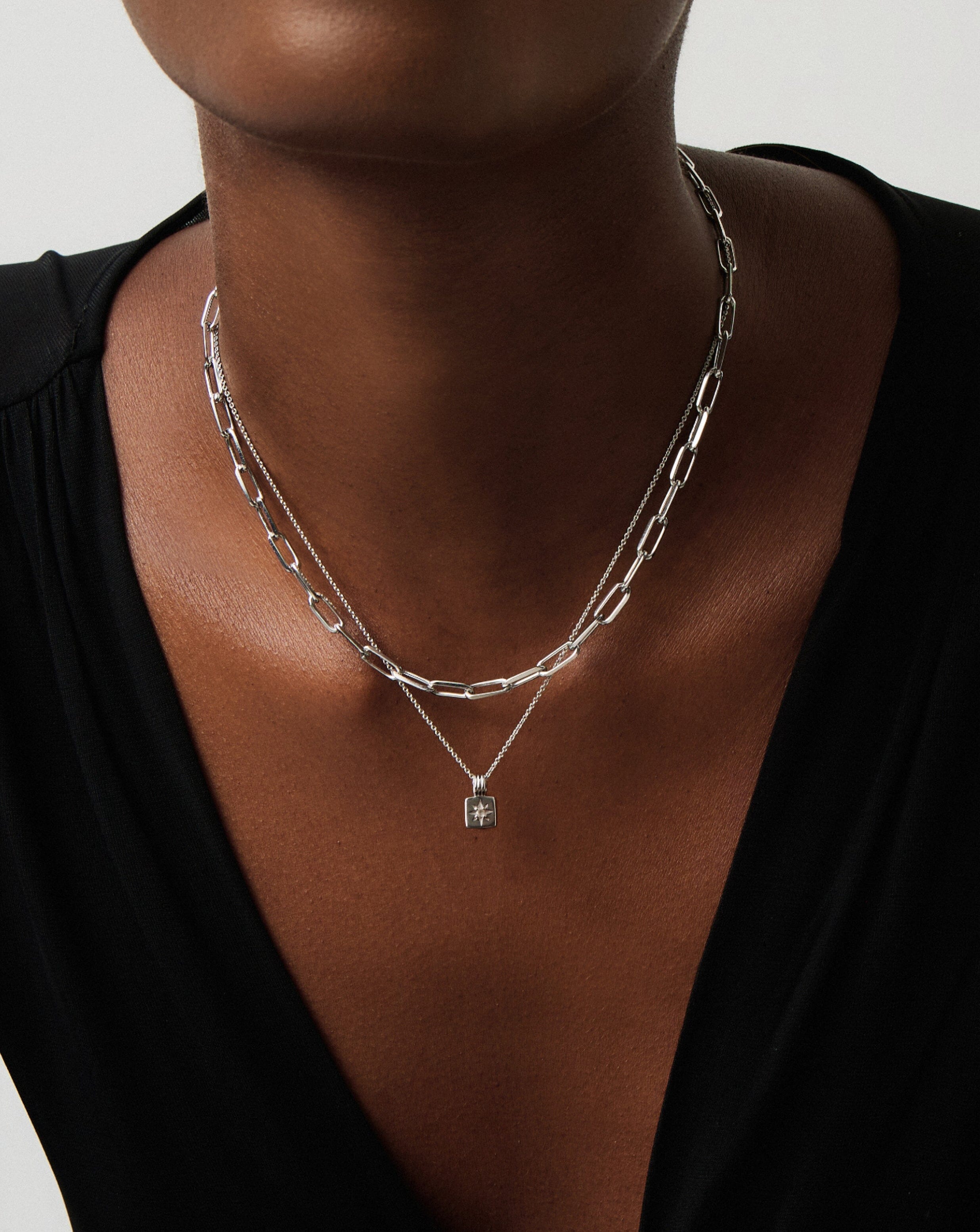 Star Ridge & Paperclip Chain Necklace Set | Silver Plated Cubic Zirconia